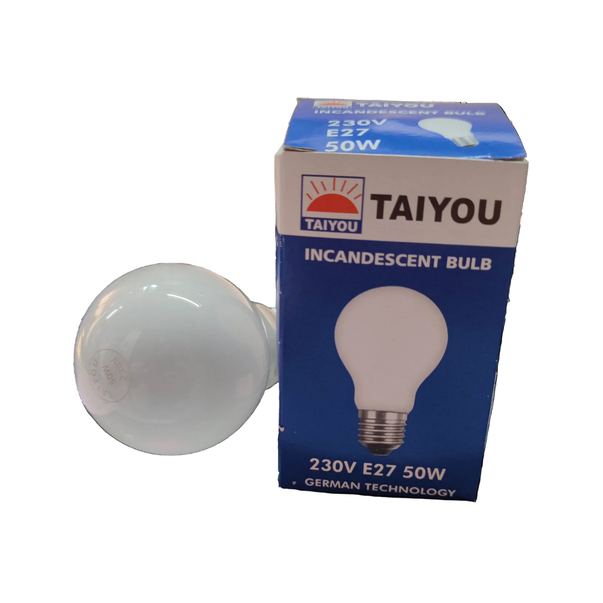 Taiyou 50W E27 incandescent lamp with white glass bulb and blue packaging box