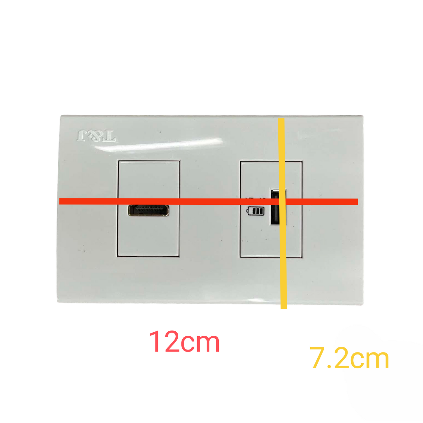 TJ glossy white dual gang HDMI wall plate with USB port showing HDMI and USB openings and dimensions