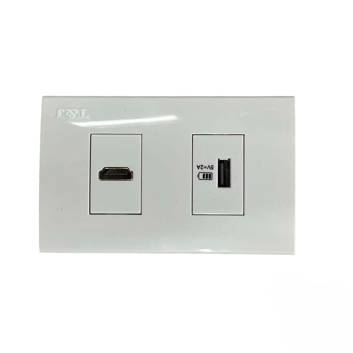 T and J white dual gang HDMI wall plate with USB port and USB Type A jack for wall mounted AV setups
