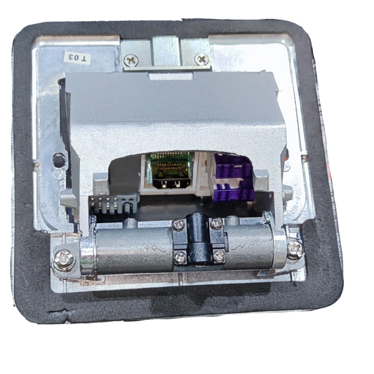 T and J metal floor outlet pop-up with USB and CAT6 recessed hinge box showing internal USB port and CAT6 jack