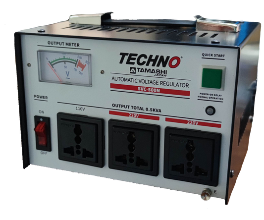 Techno 500W automatic voltage regulator with three outlets and output meter for stable power supply