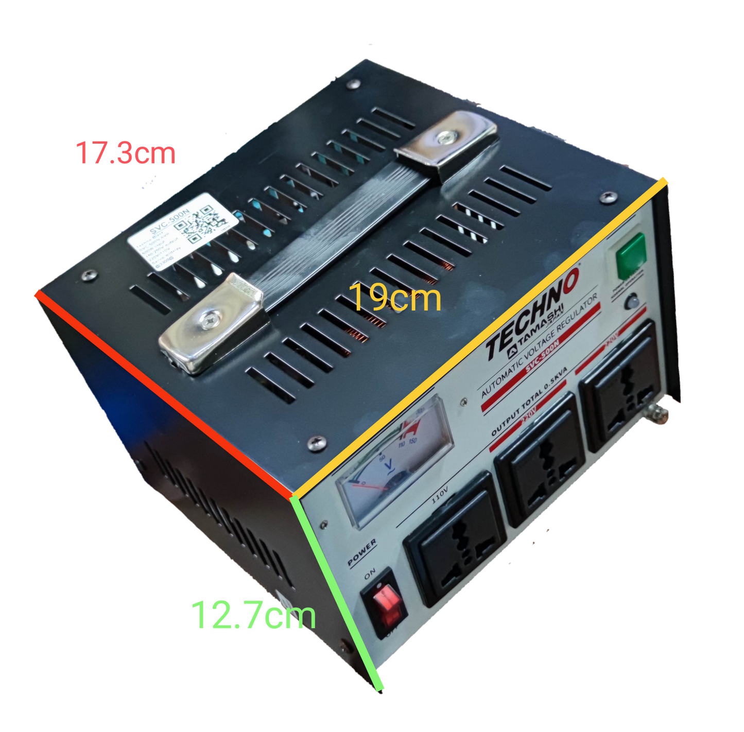 Techno Tamashi 500W AVR Servo Motor with black metal casing and front control panel for voltage regulation