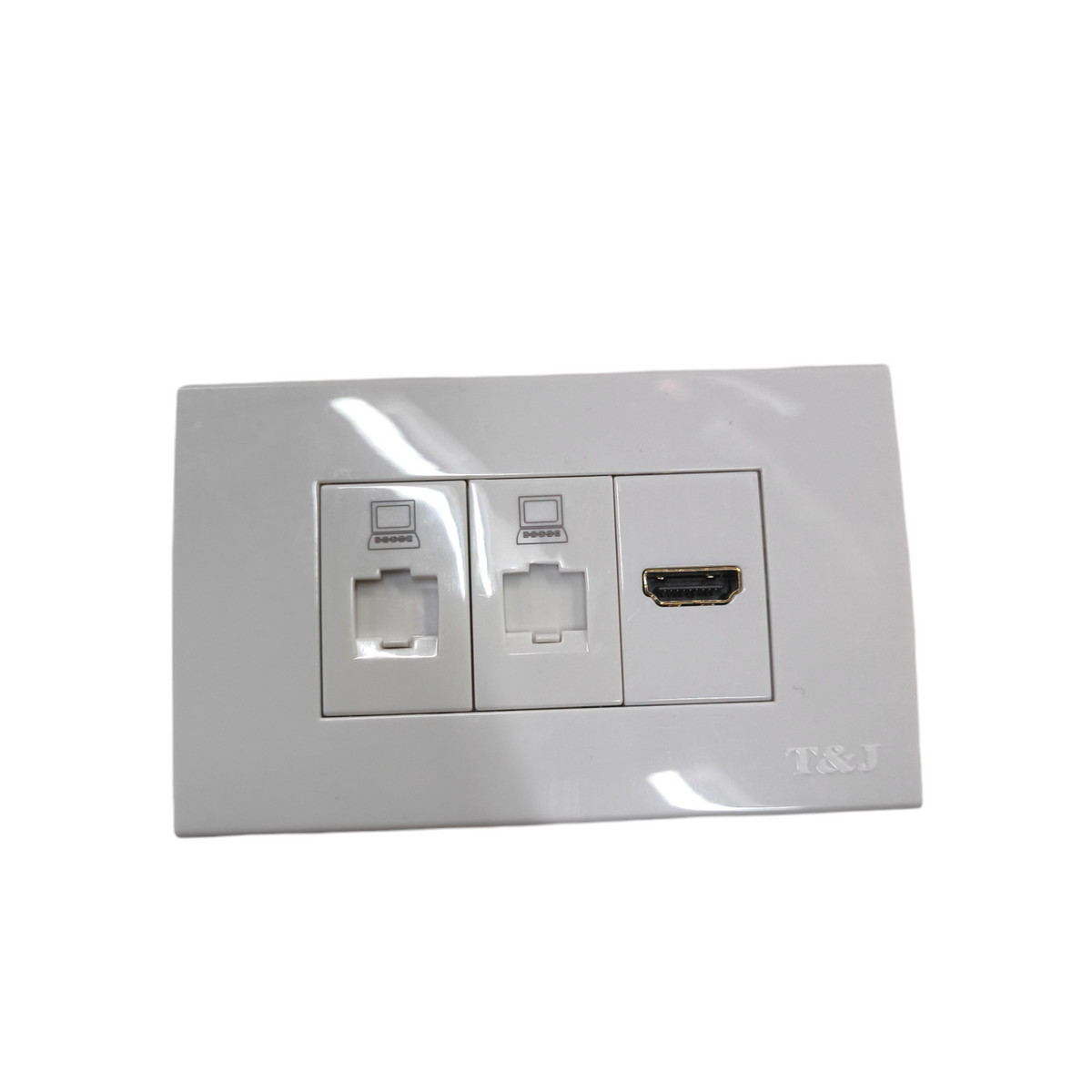 T&J 3 Gang 2 LAN CAT6 Outlet white power point with two LAN ports and one HDMI port