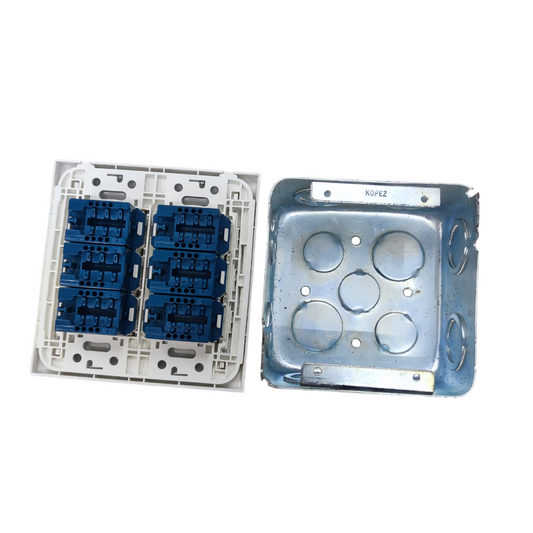 Panasonic 6 Gang Telephone Outlet 4C white faceplate with blue IDC modules and metal mounting box