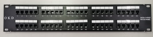 Telephone Patch Panel RJ11 50 Port black network adapter panel with 50 ports and labeled connections