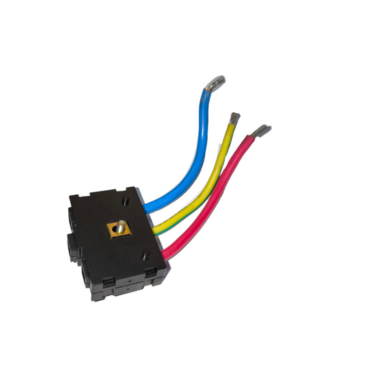 T&J Terminal Block Connector 3 Pole with black plastic body and three colored wires blue yellow red