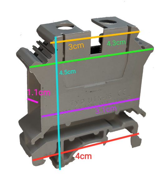 Grippes Terminal Block DIN Rail Type 16mm in gray with precise dimensions for electrical circuitry