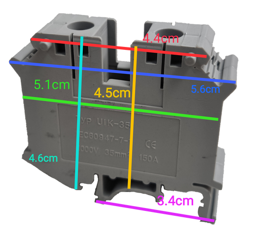 Grippes Terminal Block DIN Rail Type 35mm in gray electrical circuitry part with detailed measurements