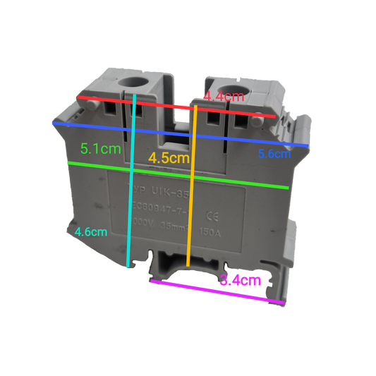 Grippes Terminal Block DIN Rail Type 35mm in gray electrical circuitry part with detailed measurements