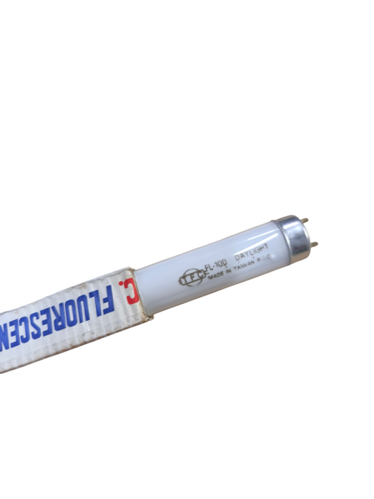 TFC 10W Fluorescent Tube Daylight T8 showing tube end and packaging with clear daylight illumination