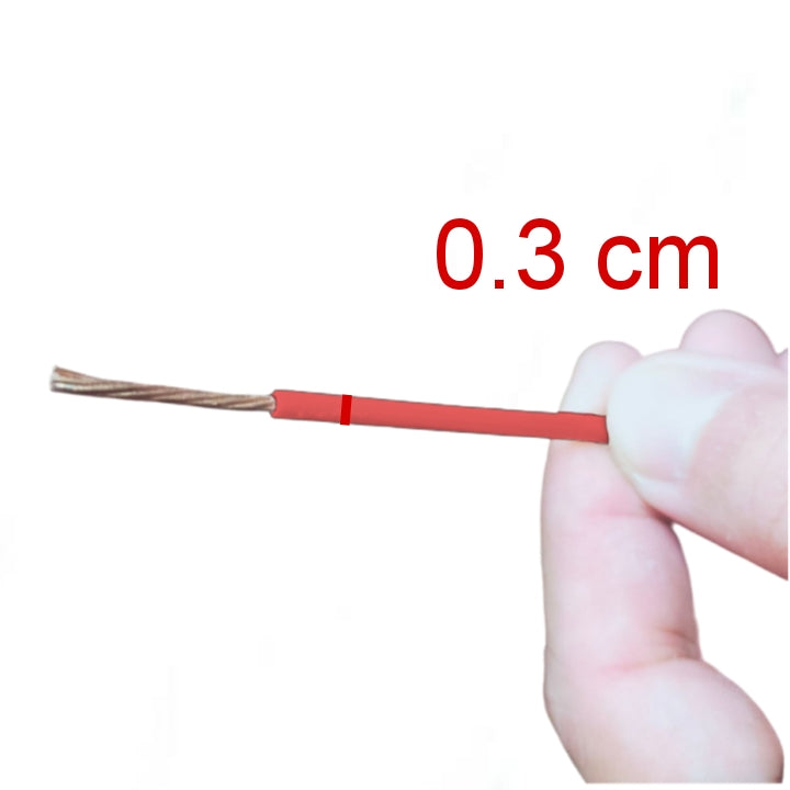 Close-up of a hand holding red THHN AWG 14 stranded wire showing copper strands and insulation