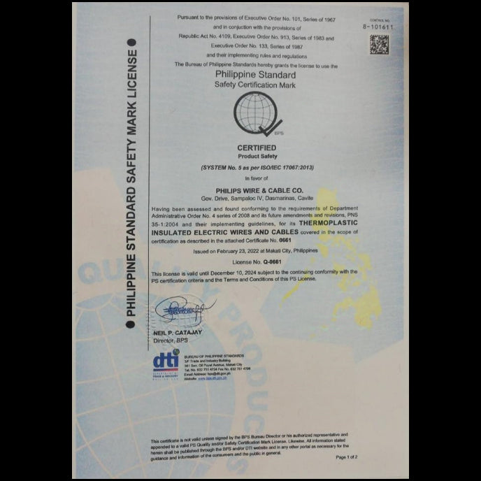 Philflex THHN wire certification document showcasing safety standards compliance