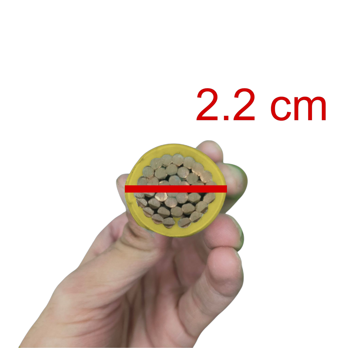 Royu THHN wire 400MCM Yellow held in hand, displaying a cross-section of its copper strands