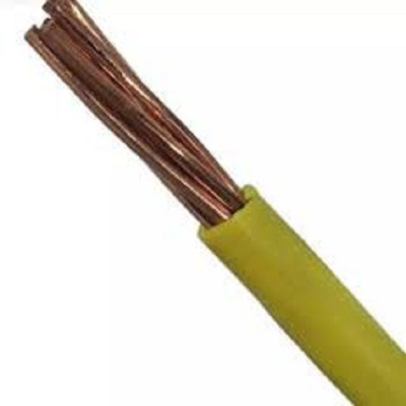 Phelps Dodge THWN AWG 14 Stranded Yellow electrical wire showing copper strands and yellow insulation