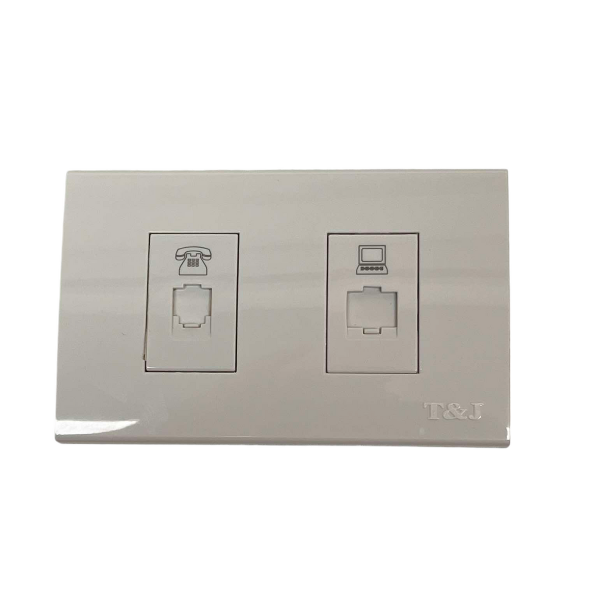 T&J 2 Gang Telephone and Cat6 Outlet with Plate in white for network and phone connections