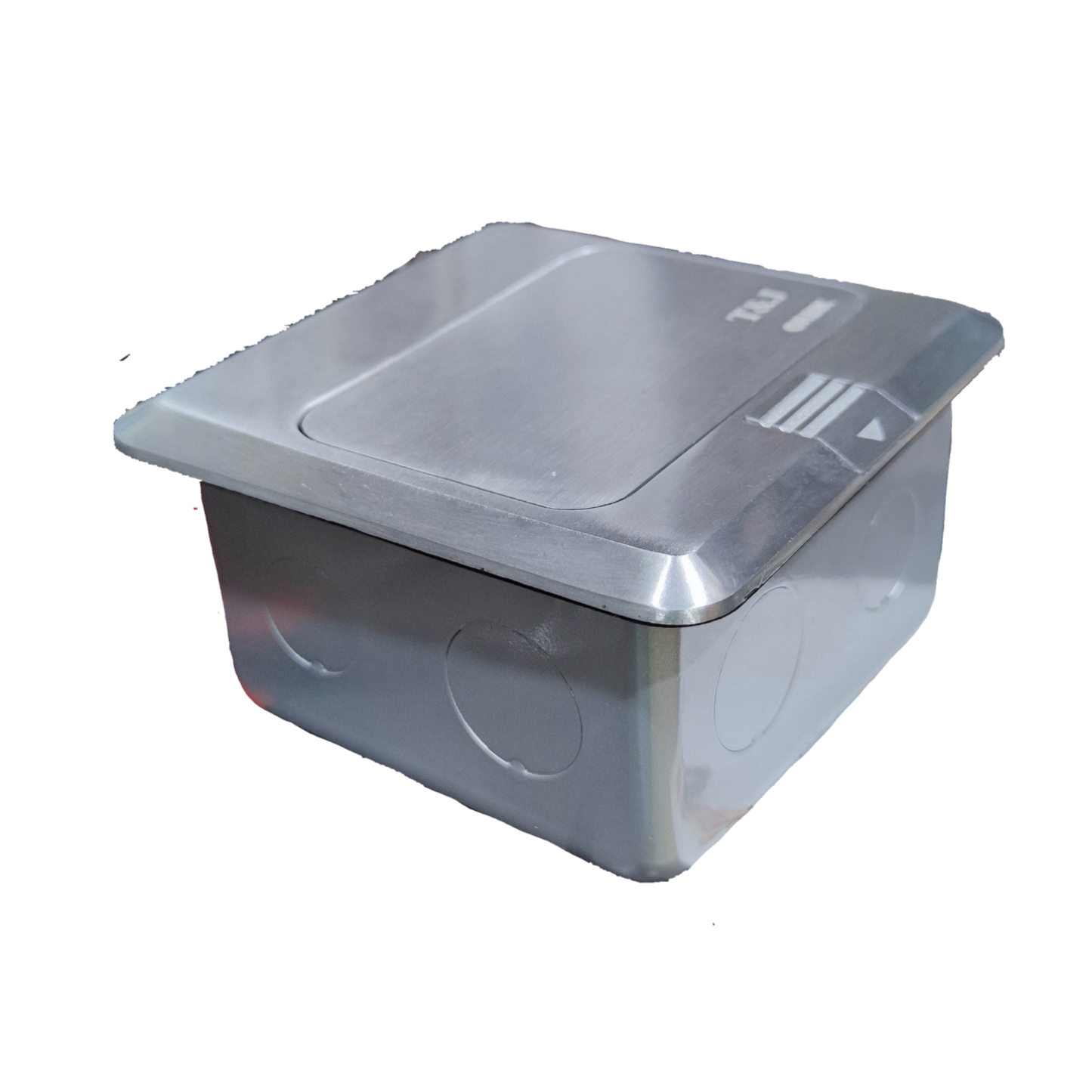 T and J stainless steel pop up floor outlet with USB and HDMI recessed brushed metal lid for offices