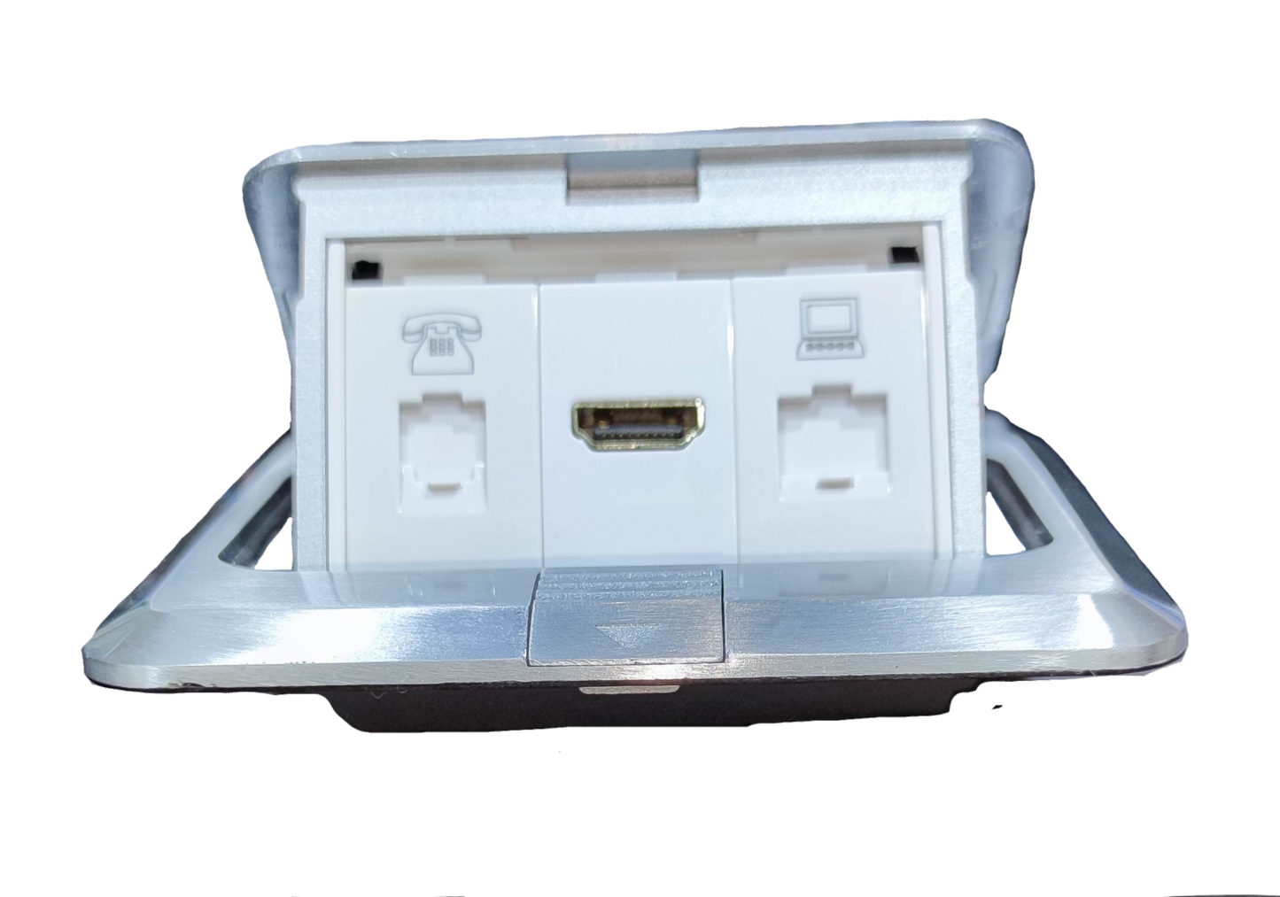 White floor pop-up outlet with HDMI and network jacks and telephone port floor pop-up outlet HDMI - CAT6 - telephone