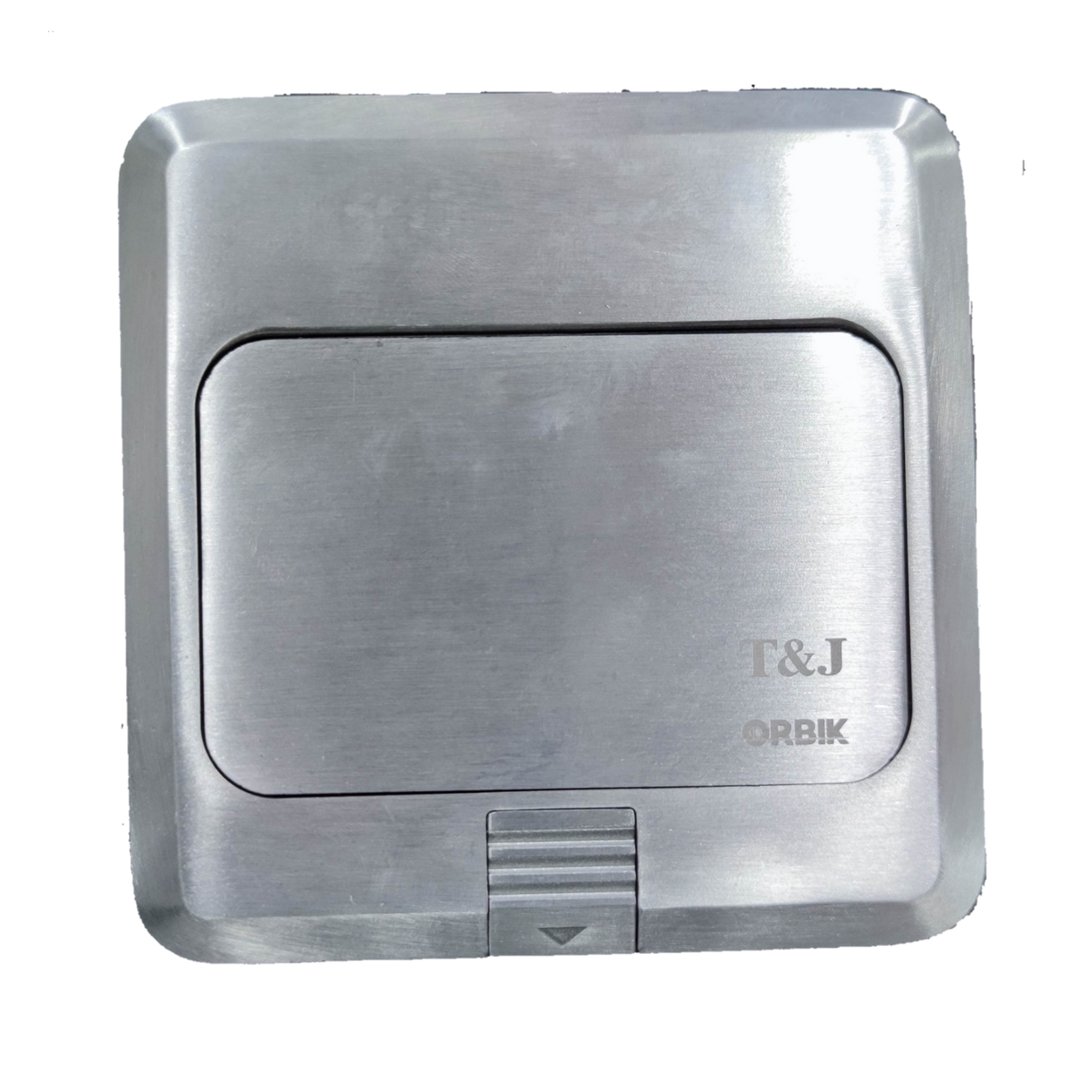 T&J Pop up 2 Gang LAN Data Outlet with brushed metal finish and protective cover