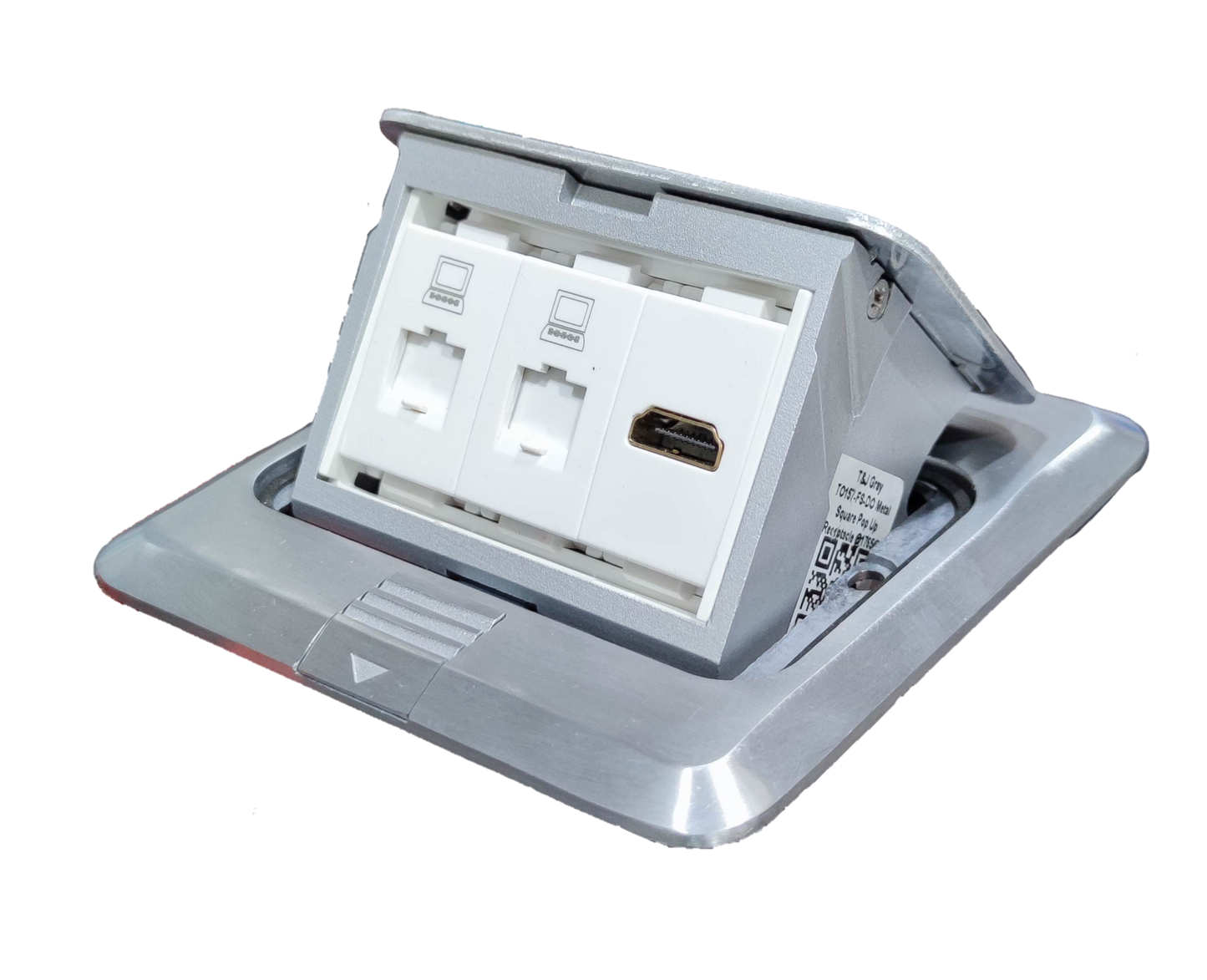 T and J pop-up box with HDMI and CAT6 recessed floor outlet for conference tables and workstations