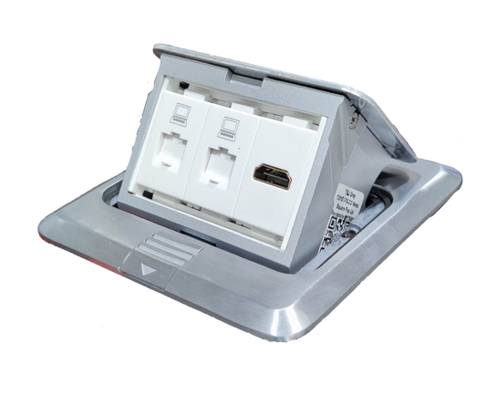 T and J pop-up box with HDMI and CAT6 recessed floor outlet for conference tables and workstations
