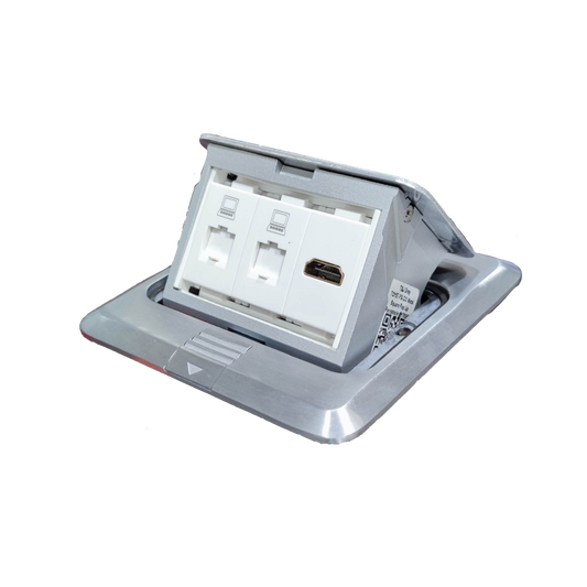 T and J pop-up box with HDMI and CAT6 recessed floor outlet for conference tables and workstations