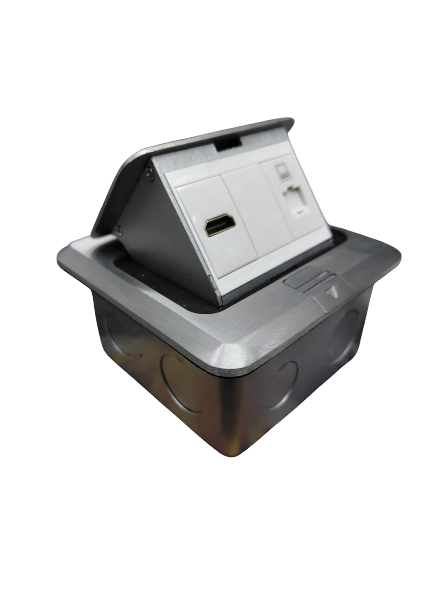 T&J Pop up LAN and HDMI Outlet with sleek silver frame and multiple connectivity ports