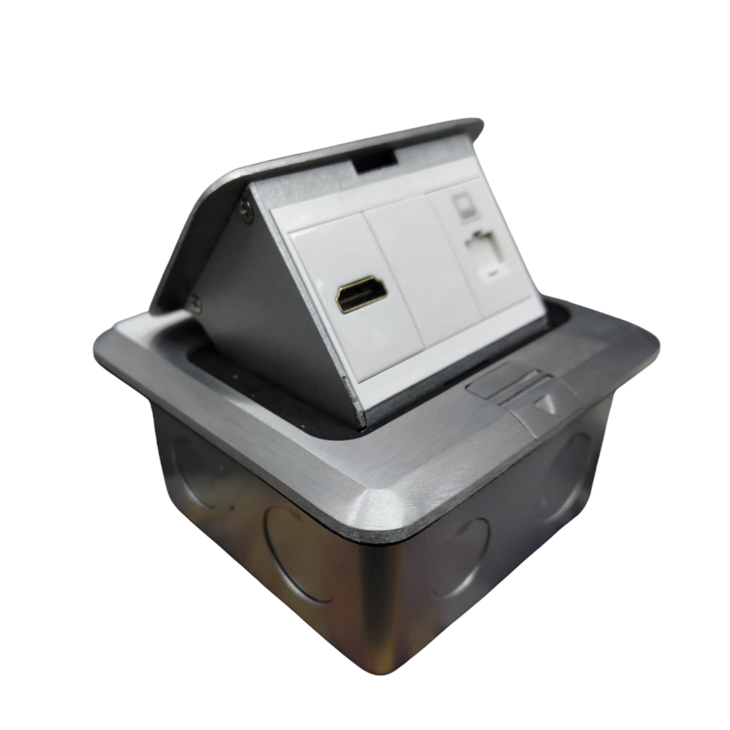 T&J Pop up LAN and HDMI Outlet with sleek silver frame and multiple connectivity ports