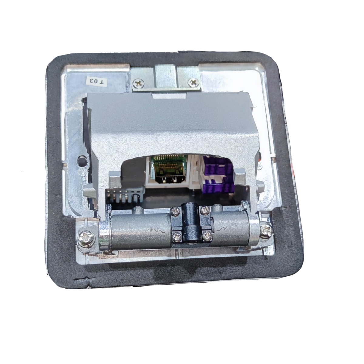 T&J Pop up Floor Outlet LAN with USB-A showing open metal cover and connection ports