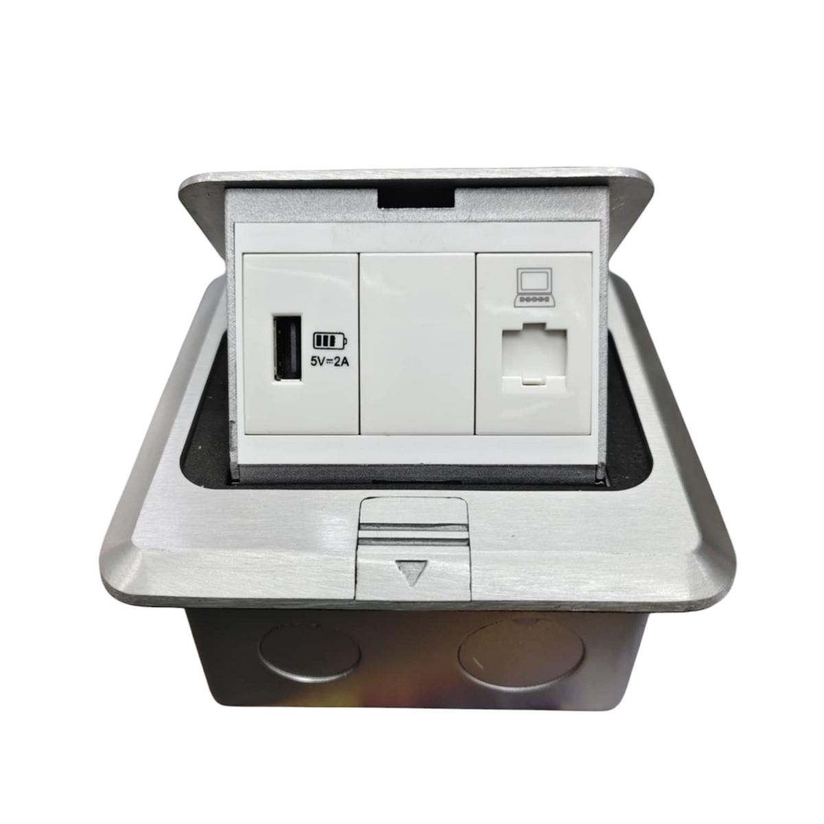 T&J Pop up Floor Outlet LAN with USB-A featuring USB charging port and LAN network socket in metal casing