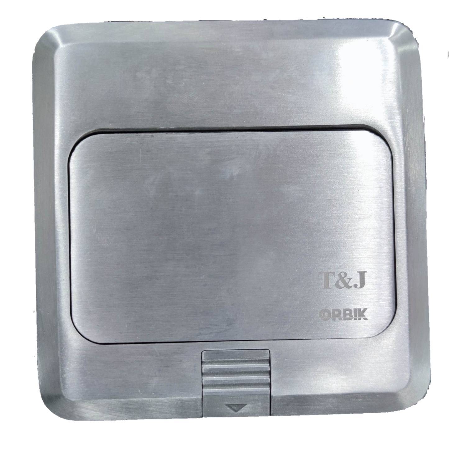 T&J Pop up Floor Outlet LAN with Voice stainless steel cover closed on black background
