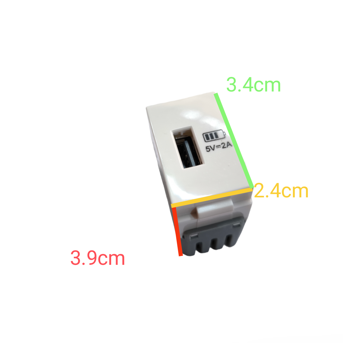T&J USB Outlet Device 5V 2A compact white USB power point with size dimensions