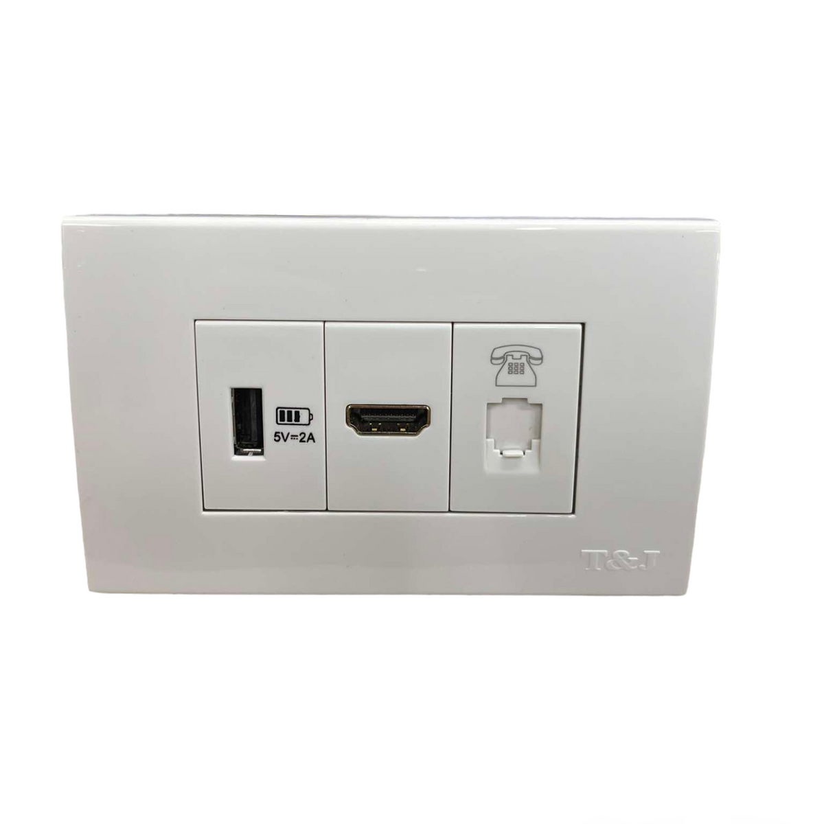 T&J Telephone Outlet with Plate cover featuring USB and HDMI ports in white power point switch plug