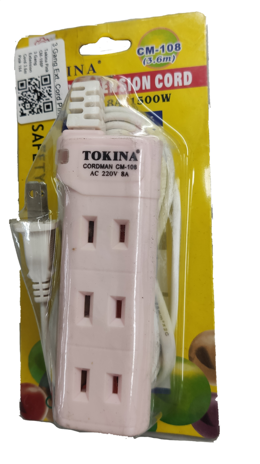 Tokina extension cord 3 gang power strip with three outlets and 3.6 meters cord length in packaging