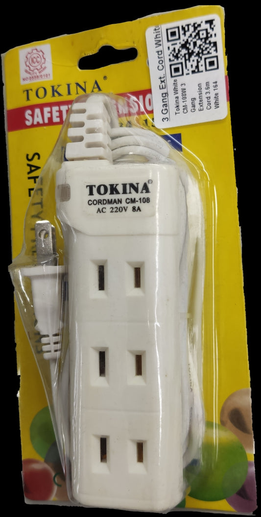 Tokina extension cord 3 gang white power strip with three outlets and attached cord