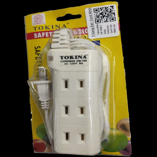 Tokina extension cord 3 gang white power strip with three outlets and attached cord