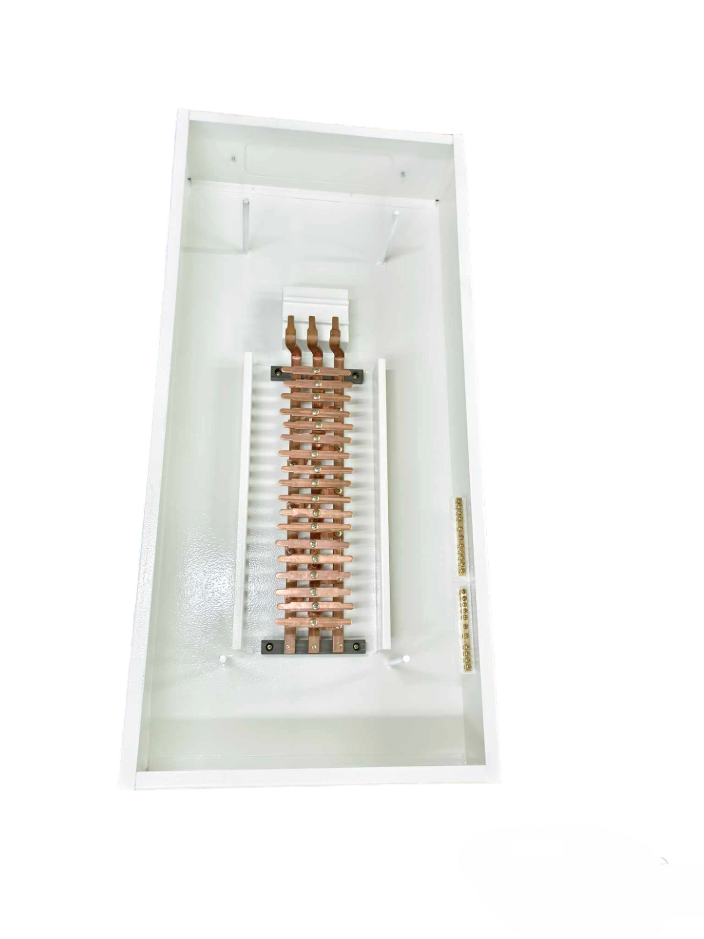 Himel 100A 3 phase panel board interior showing copper busbars and terminal strips in white enclosure