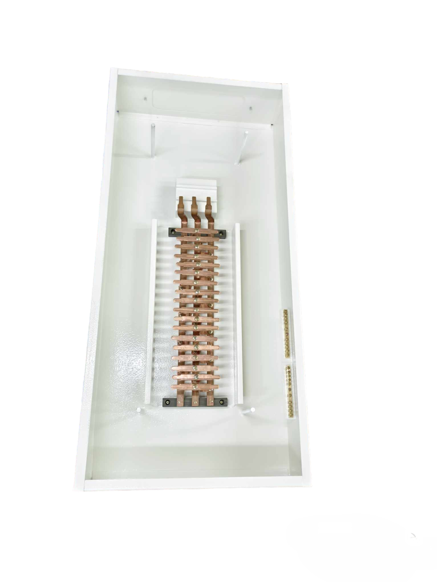 Himel 100A 3 phase panel board interior showing copper busbars and terminal strips in white enclosure