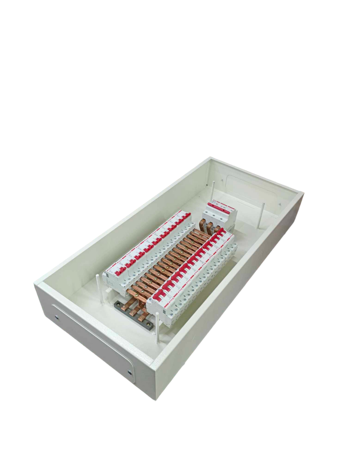 Himel 100A 3 phase panel board white metal enclosure showing copper busbars and breaker rows