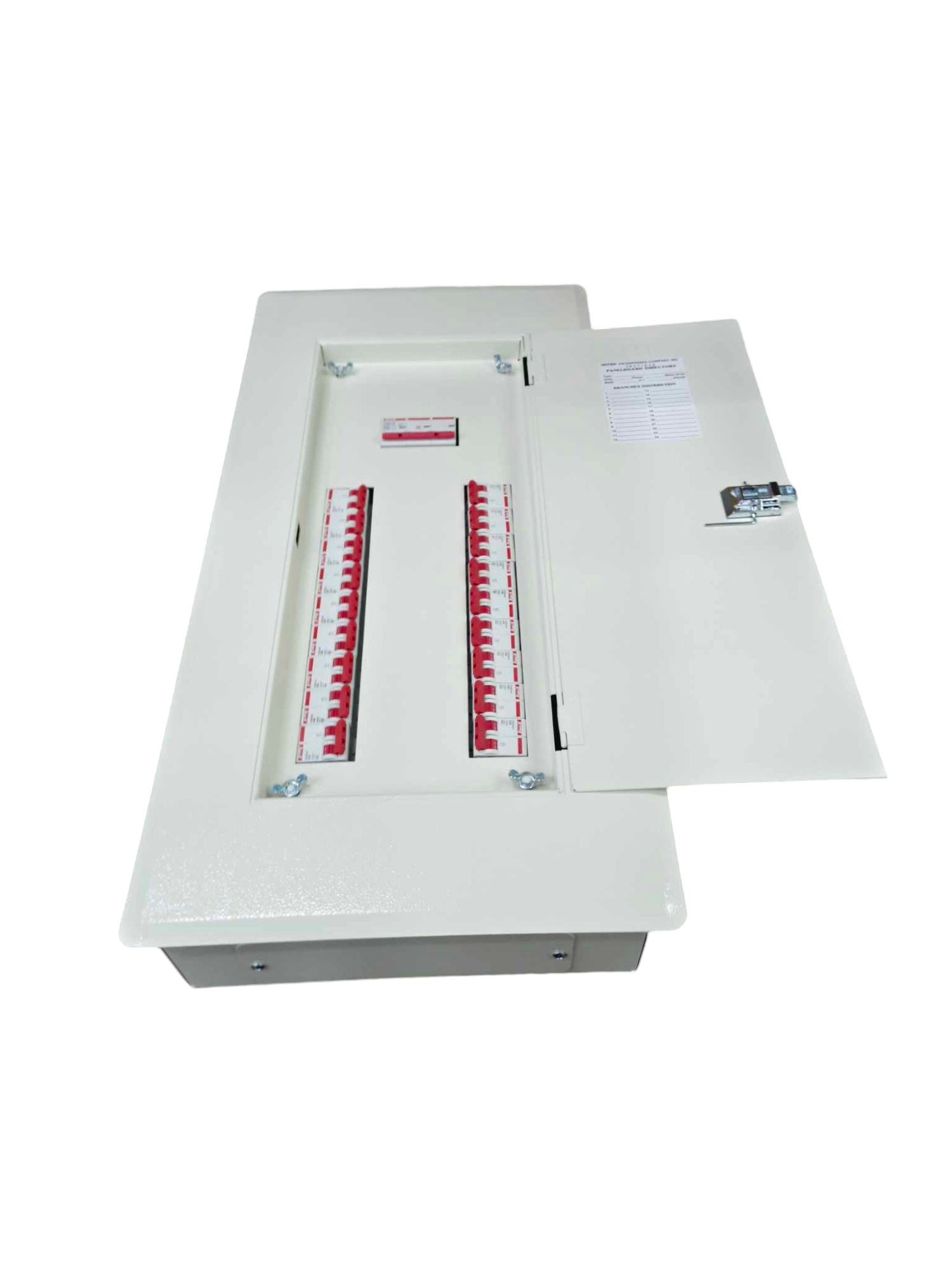 Himel 100A 3 phase panel board white metal distribution panel with open door and rows of red breakers