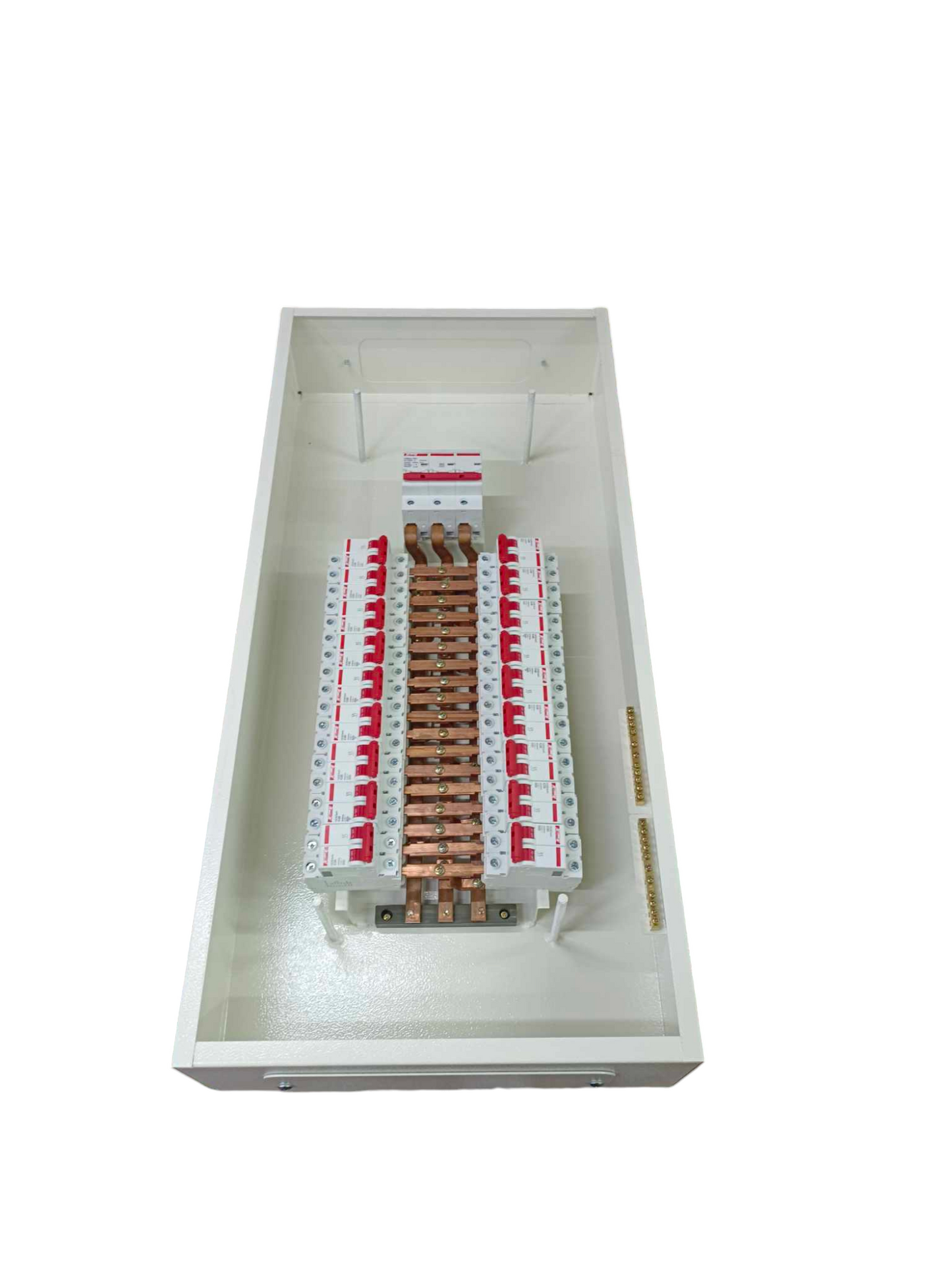 Himel 100A 3 phase panel board interior showing copper busbars and rows of circuit breakers in white enclosure
