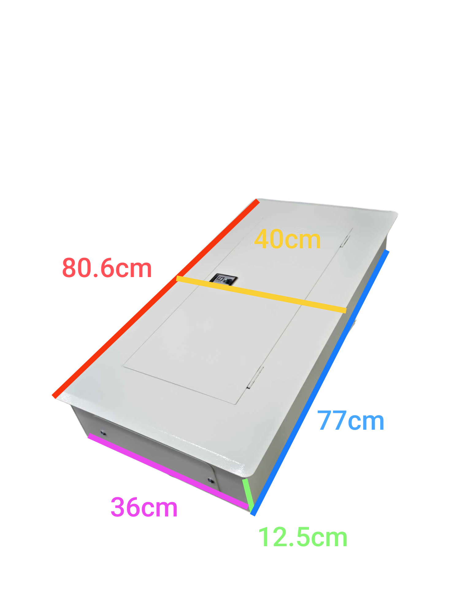 Himel 100A 3 phase panel board white metal enclosure with hinged door showing dimensions