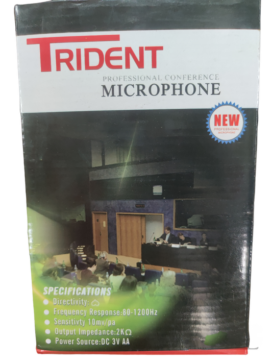 Trident Goose Neck Microphone retail box showing professional conference microphone packaging and specs