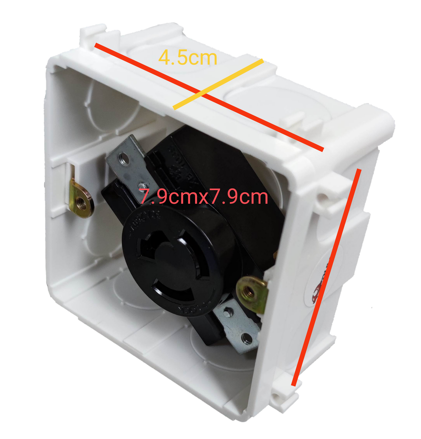 Grippes 30A twist lock outlet 3P mounted in white electrical back box showing black circular receptacle and dimensions