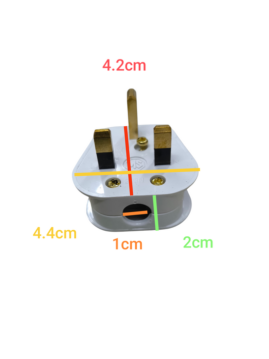 Type G Plug 13A 220V UK Plug with white body and brass prongs showing exact dimensions