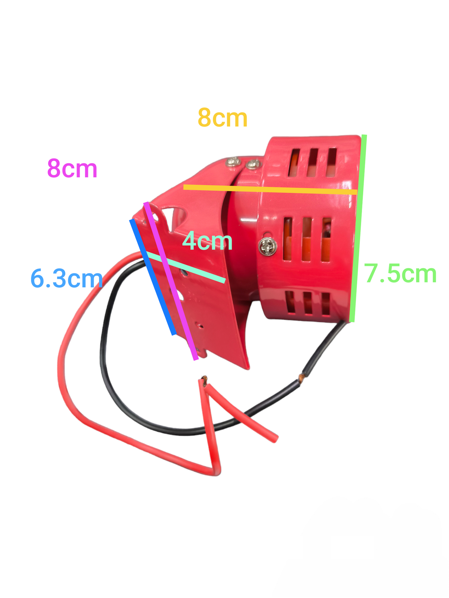 Auspicious red 24V emergency alarm siren with ventilation slots and attached wiring for door chimes and bells