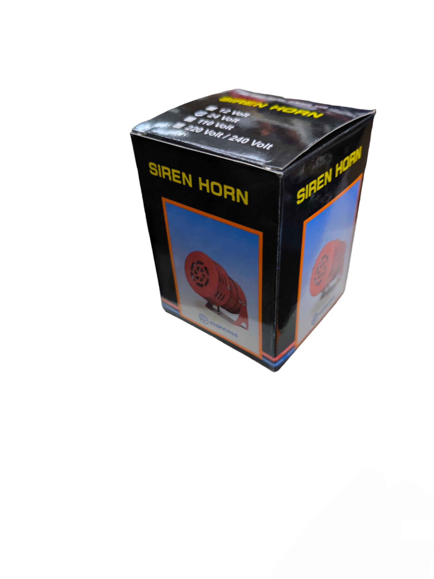 Auspicious 24V emergency alarm siren in black and red packaging with siren horn image