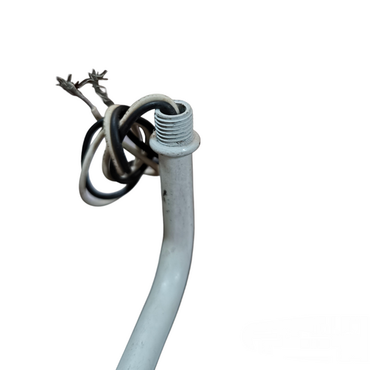 E14 porcelain socket with wire attached to white curved lamp holder showing stripped wire ends for fixture installation