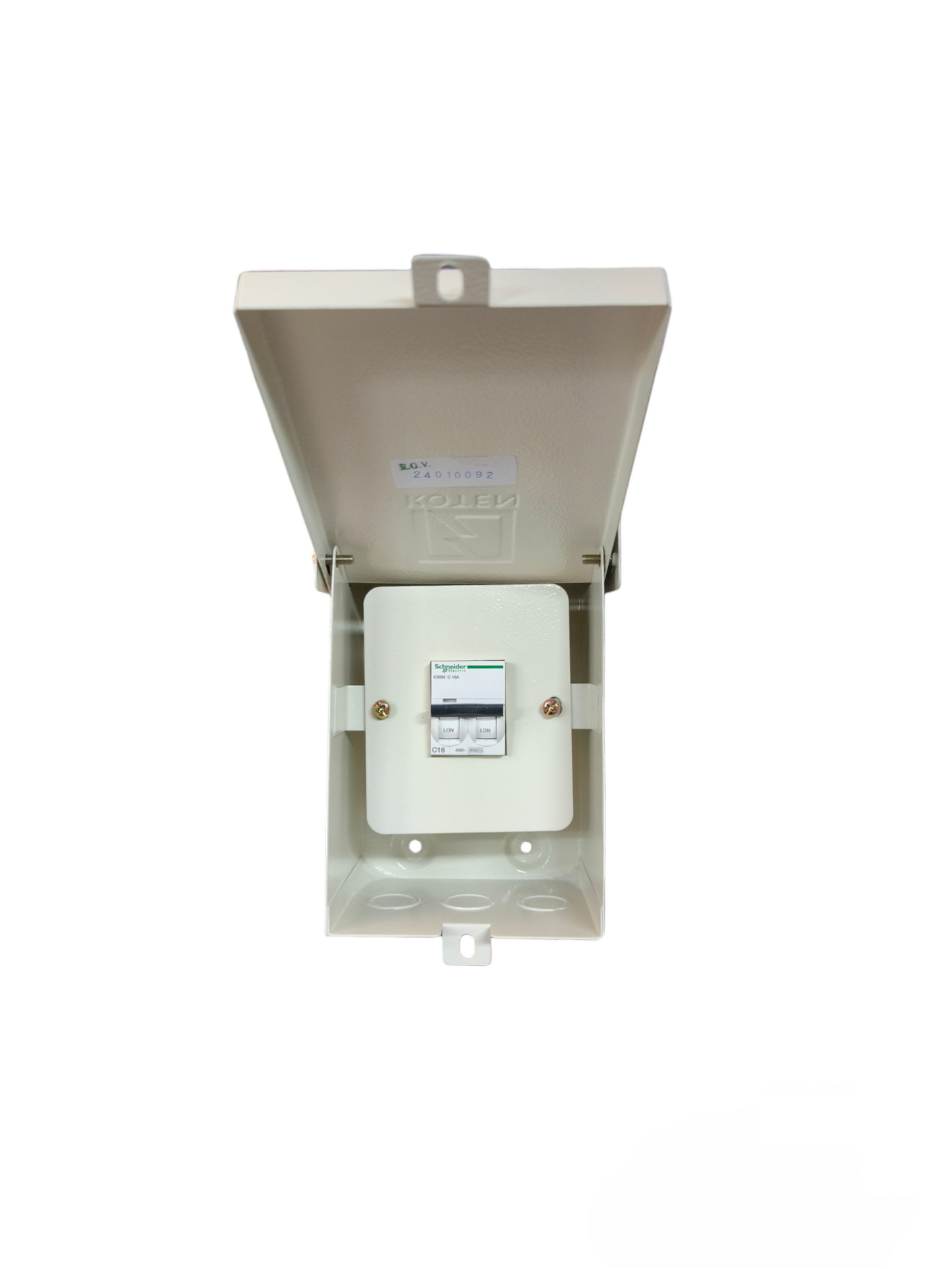 Koten and Schneider metal electrical enclosure 2 pole 220v open lid showing mounted 2 pole circuit breaker
