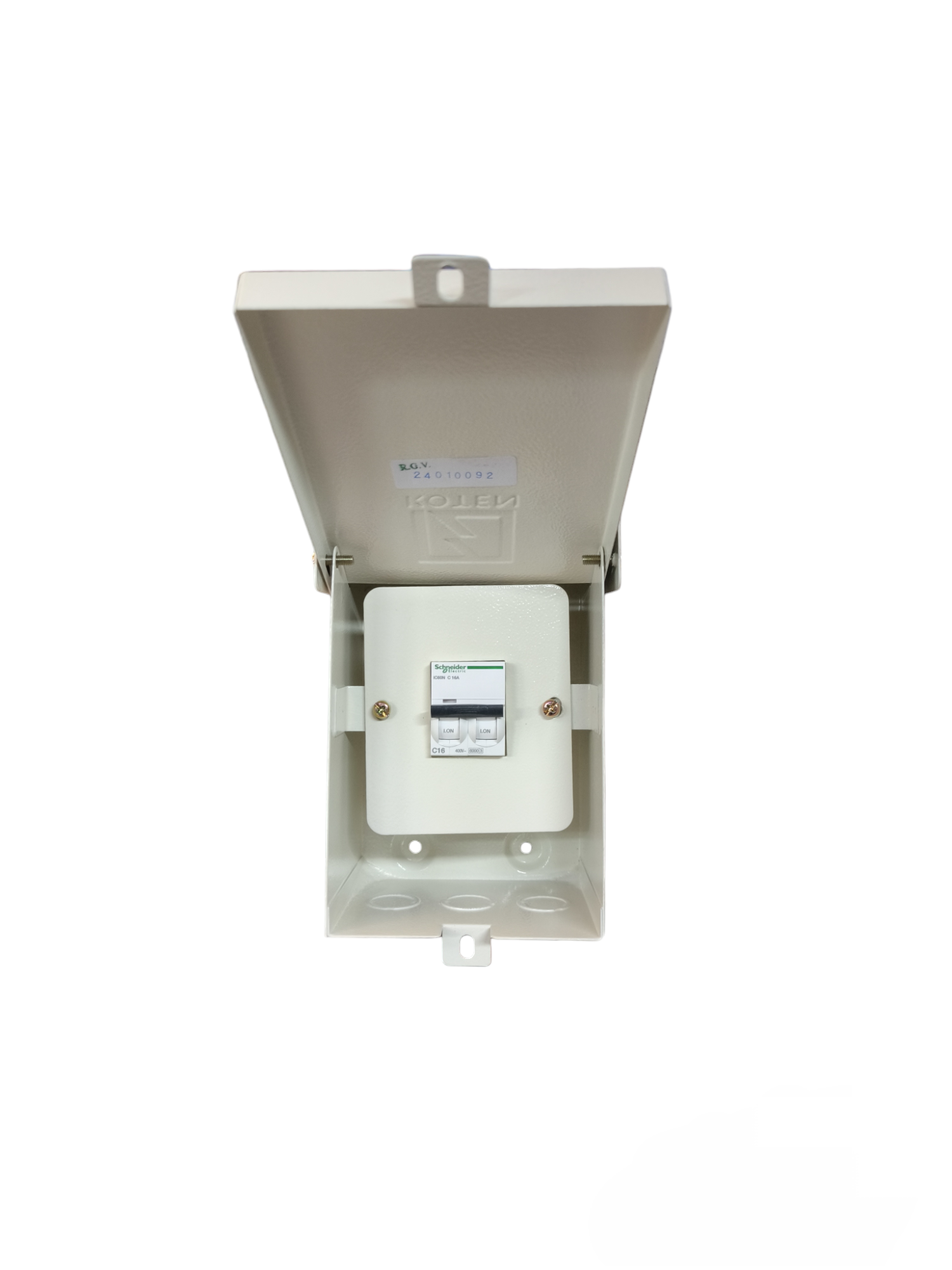 Koten and Schneider metal electrical enclosure 2 pole 220v open lid showing mounted 2 pole circuit breaker