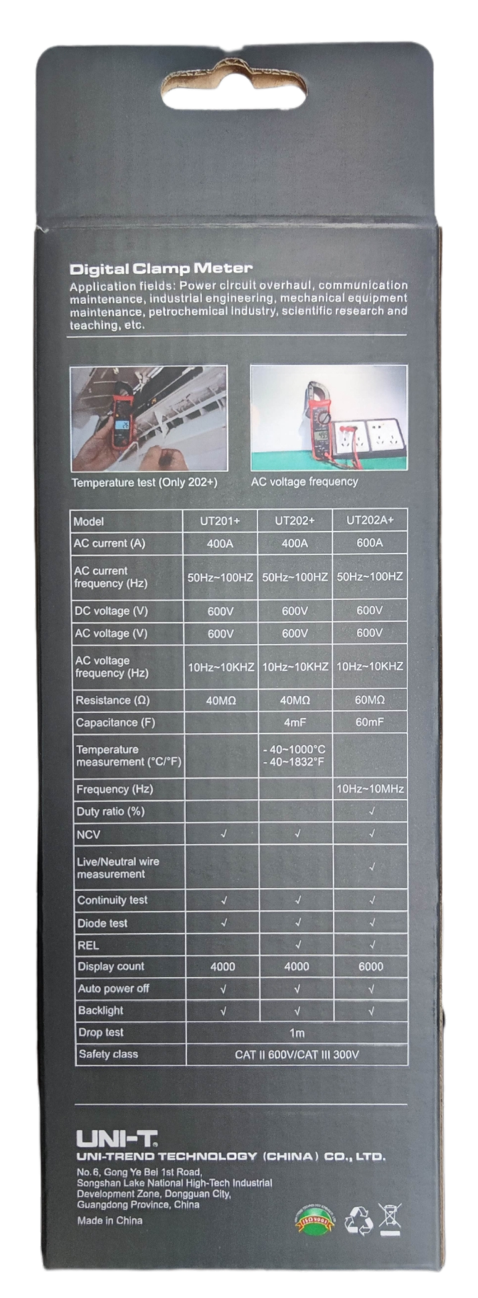 UNI-T Digital Clamp Multimeter 400A specifications and features on packaging label